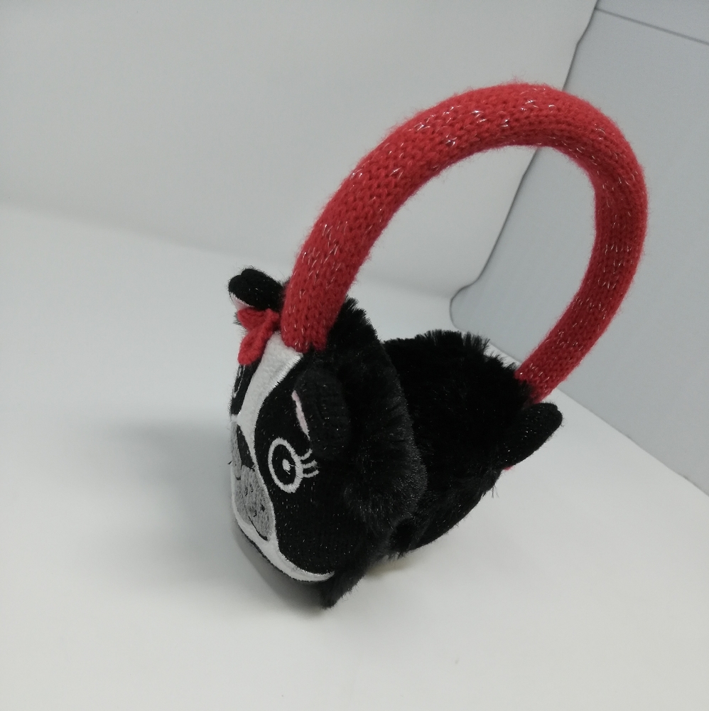 Black/White puppy kids faux fur ear muffs red band